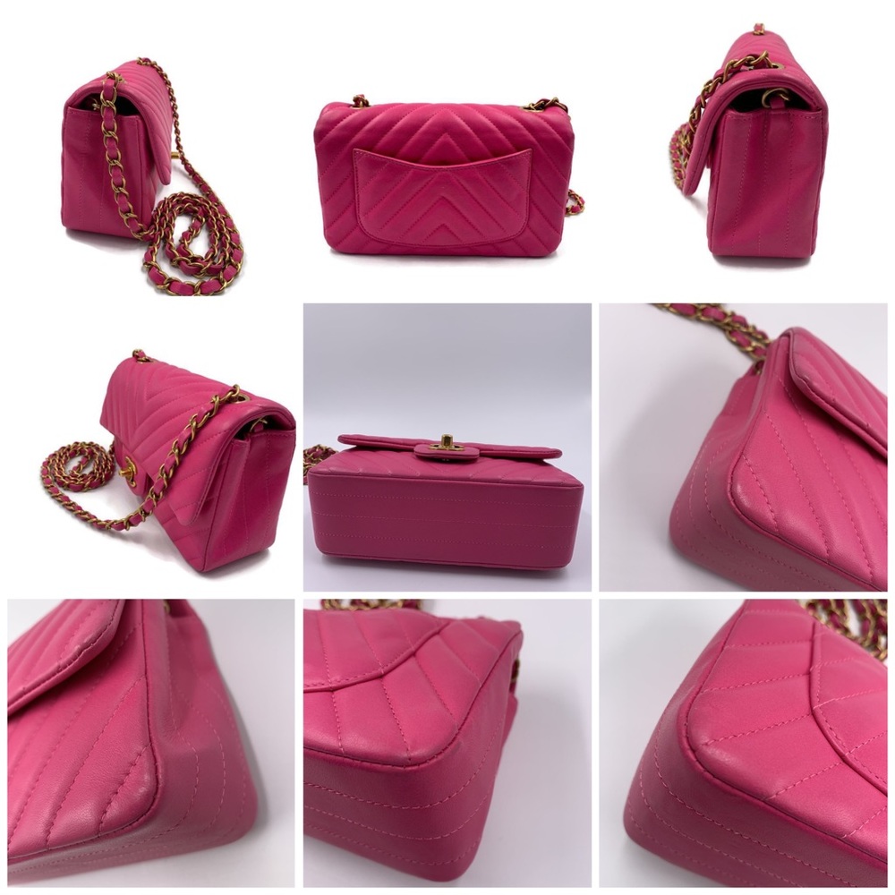 Authentic CHANEL Lambskin Chevron Mini Rectangular Pink with gold hardware - Picture 4 of 17